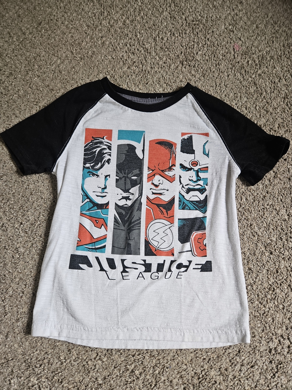 XS Boys DC White and Black Raglan Tee with Graphic Superhero Logos